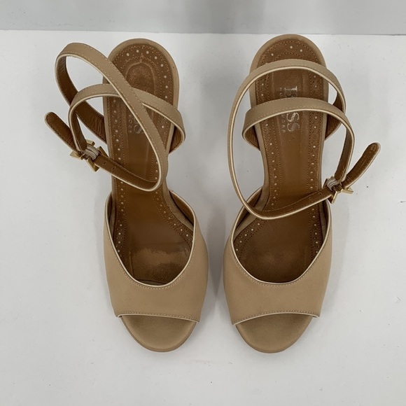 Hugo Boss tan satin ankle wrap sandal shoe champagne beaded heel platform 37.5 7 - Picture 5 of 9